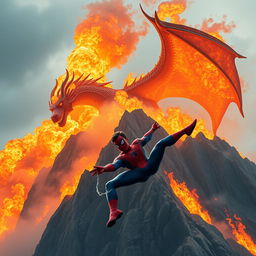 A colossal fiery dragon perched majestically atop a rugged mountaintop, unleashing a torrent of vibrant flames into the sky