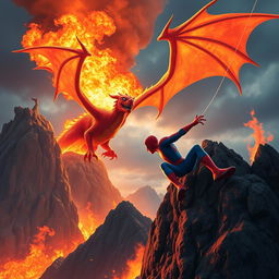 A colossal fiery dragon perched majestically atop a rugged mountaintop, unleashing a torrent of vibrant flames into the sky