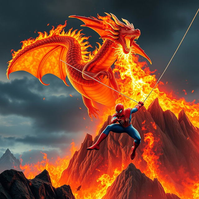 A colossal fiery dragon perched majestically atop a rugged mountaintop, unleashing a torrent of vibrant flames into the sky