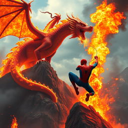 A colossal fiery dragon perched majestically atop a rugged mountaintop, unleashing a torrent of vibrant flames into the sky