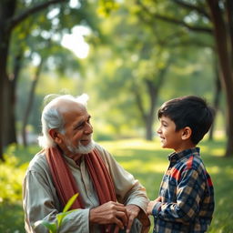 An elderly man meeting a young boy named Aarav in a serene park
