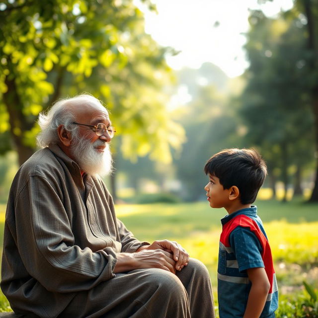 An elderly man meeting a young boy named Aarav in a serene park