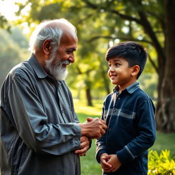 An elderly man meeting a young boy named Aarav in a serene park