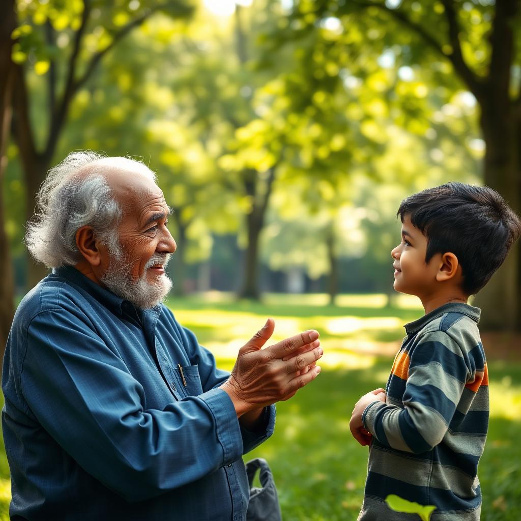 An elderly man meeting a young boy named Aarav in a serene park