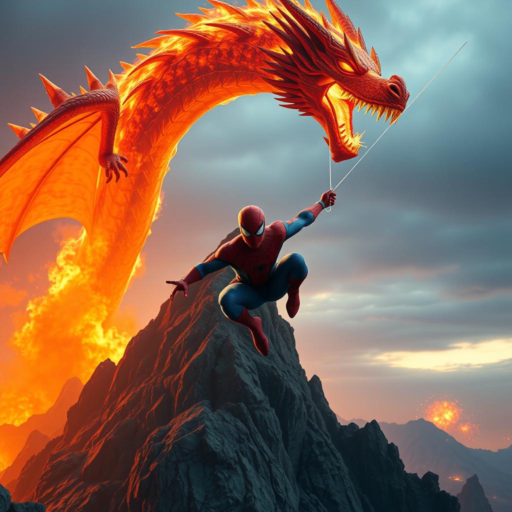 An epic scene featuring a massive fiery dragon standing atop a rugged mountaintop, belching vibrant flames into the atmosphere