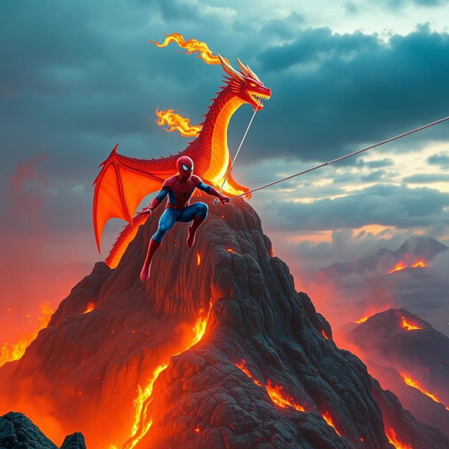 An epic scene featuring a massive fiery dragon standing atop a rugged mountaintop, belching vibrant flames into the atmosphere