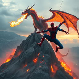 An epic scene featuring a massive fiery dragon standing atop a rugged mountaintop, belching vibrant flames into the atmosphere