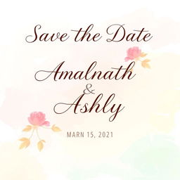 A beautifully designed 'Save the Date' image featuring elegant typography displaying the names "Amalnath & Ashly" in a romantic font