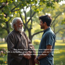 An elderly man with a wise and kind expression meets a young man named Aarav