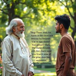 An elderly man with a wise and kind expression meets a young man named Aarav