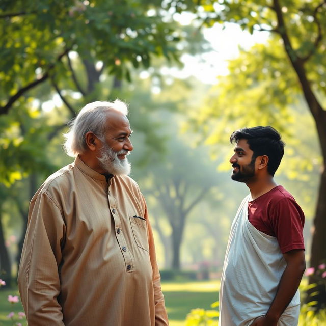 An elderly man with a wise and kind expression meets a young man named Aarav