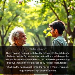 An elderly man with a wise and kind expression meets a young man named Aarav
