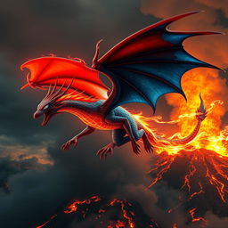 An imaginative hybrid dragon combining elements of Spider-Man, featuring web-like scales that shimmer in the light and stunning, glowing red-and-blue wings reminiscent of Spider-Man's costume