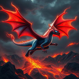 A fantastical hybrid dragon featuring Spider-Man’s distinctive web-like scales and full-color glowing red-and-blue wings that match his iconic costume