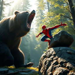 A dramatic scene depicting a powerful grizzly bear roaring in a forest clearing, its immense presence accentuated by the lush greenery surrounding it