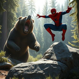 A dramatic scene depicting a powerful grizzly bear roaring in a forest clearing, its immense presence accentuated by the lush greenery surrounding it