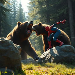 A thrilling scene of a powerful grizzly bear roaring fiercely in a forest clearing, capturing a moment of raw wilderness