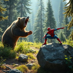 A thrilling scene of a powerful grizzly bear roaring fiercely in a forest clearing, capturing a moment of raw wilderness