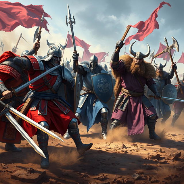 A realistic and dynamic depiction of an epic battle scene featuring Samurai, Knights, and Viking warriors