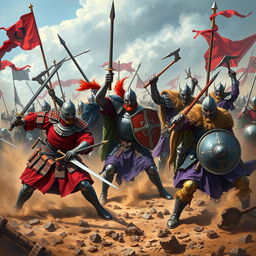 A realistic and dynamic depiction of an epic battle scene featuring Samurai, Knights, and Viking warriors