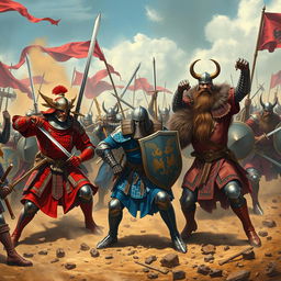 A realistic and dynamic depiction of an epic battle scene featuring Samurai, Knights, and Viking warriors