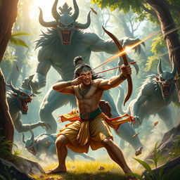 A heroic depiction of Rama, the legendary prince from Hindu mythology, skillfully battling a group of fearsome demons in a lush, vibrant forest