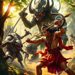 A heroic depiction of Rama, the legendary prince from Hindu mythology, skillfully battling a group of fearsome demons in a lush, vibrant forest