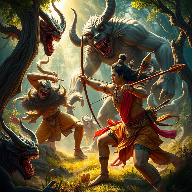 A heroic depiction of Rama, the legendary prince from Hindu mythology, skillfully battling a group of fearsome demons in a lush, vibrant forest