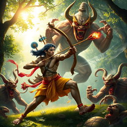 A heroic depiction of Rama, the legendary prince from Hindu mythology, skillfully battling a group of fearsome demons in a lush, vibrant forest