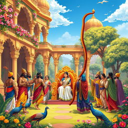 Illustration of Sita's Swayamvar, set in a lush ancient Indian palace adorned with vibrant flowers and intricate architecture