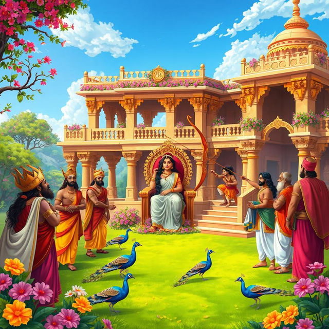 Illustration of Sita's Swayamvar, set in a lush ancient Indian palace adorned with vibrant flowers and intricate architecture