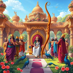 Illustration of Sita's Swayamvar, set in a lush ancient Indian palace adorned with vibrant flowers and intricate architecture