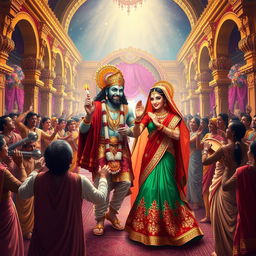 A grand and vibrant scene depicting the royal wedding of Rama and Sita, set in an opulent palace filled with decorated arches and intricate carvings