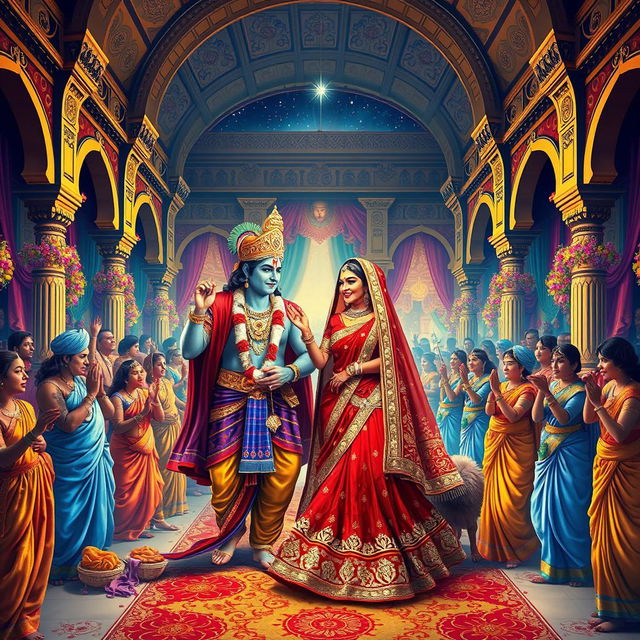 A grand and vibrant scene depicting the royal wedding of Rama and Sita, set in an opulent palace filled with decorated arches and intricate carvings