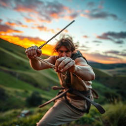 A dynamic scene capturing the essence of slinging, featuring a skilled individual mid-action using a traditional sling