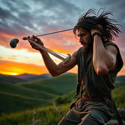 A dynamic scene capturing the essence of slinging, featuring a skilled individual mid-action using a traditional sling