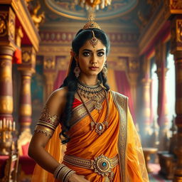 A dramatic scene depicting Kaikeyi, a character from the ancient Indian epic Ramayana, standing confidently with an assertive posture in her opulent royal attire adorned with intricate patterns and jewels