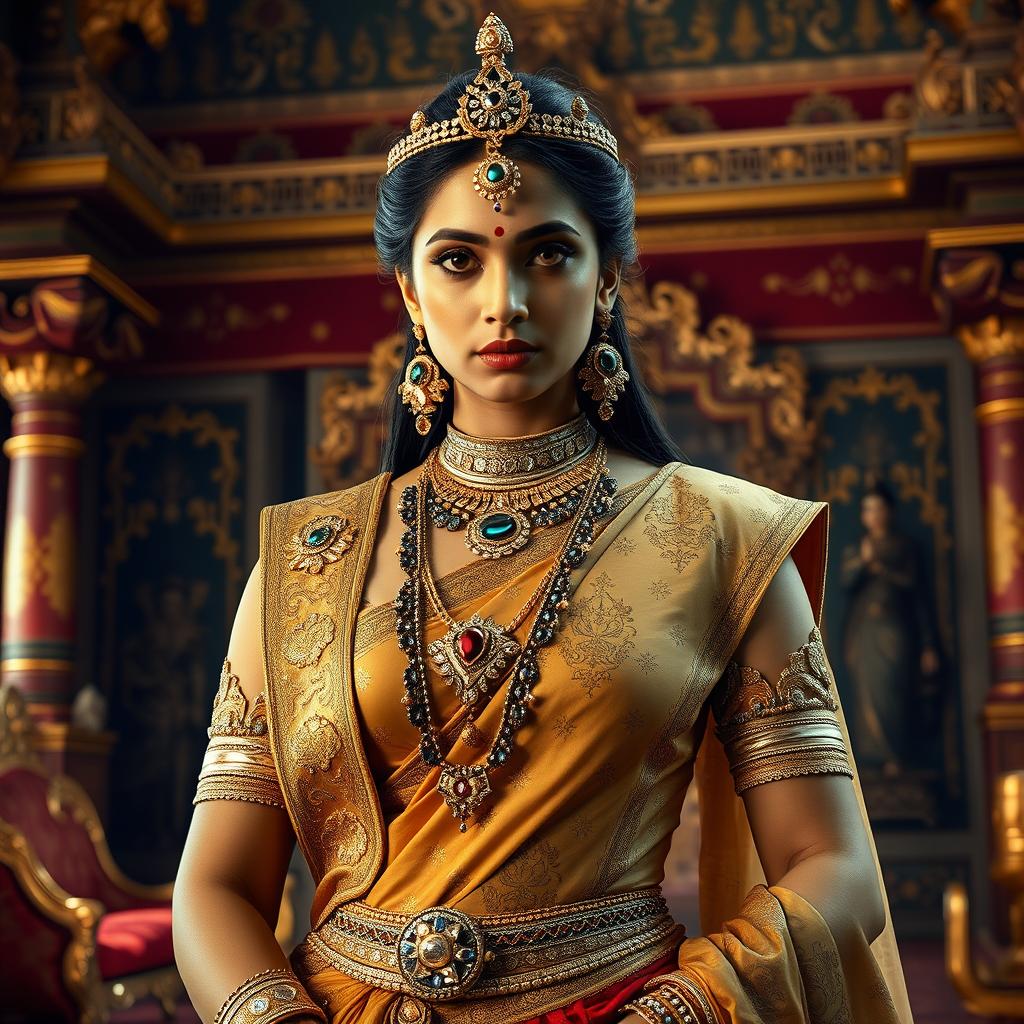 A dramatic scene depicting Kaikeyi, a character from the ancient Indian epic Ramayana, standing confidently with an assertive posture in her opulent royal attire adorned with intricate patterns and jewels