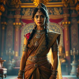 A dramatic scene depicting Kaikeyi, a character from the ancient Indian epic Ramayana, standing confidently with an assertive posture in her opulent royal attire adorned with intricate patterns and jewels