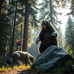 A striking scene in a forest clearing where a grizzly bear roars, showcasing its powerful presence and fierce nature