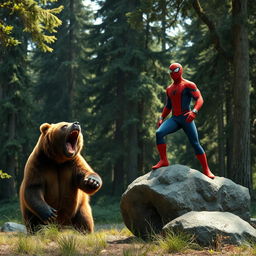 A striking scene in a forest clearing where a grizzly bear roars, showcasing its powerful presence and fierce nature