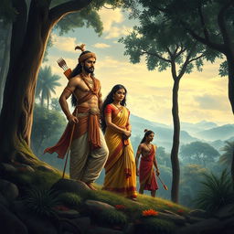 A dramatic depiction of the exile of Rama, Sita, and Lakshman in a lush forest setting