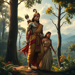 A dramatic depiction of the exile of Rama, Sita, and Lakshman in a lush forest setting