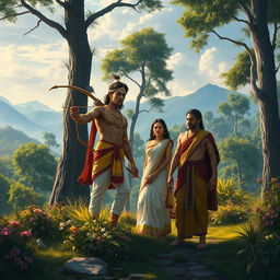 A dramatic depiction of the exile of Rama, Sita, and Lakshman in a lush forest setting