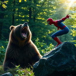 A very close and clear photo capturing a dramatic forest clearing scene where a grizzly bear lets out a powerful roar, showcasing its impressive size and strength