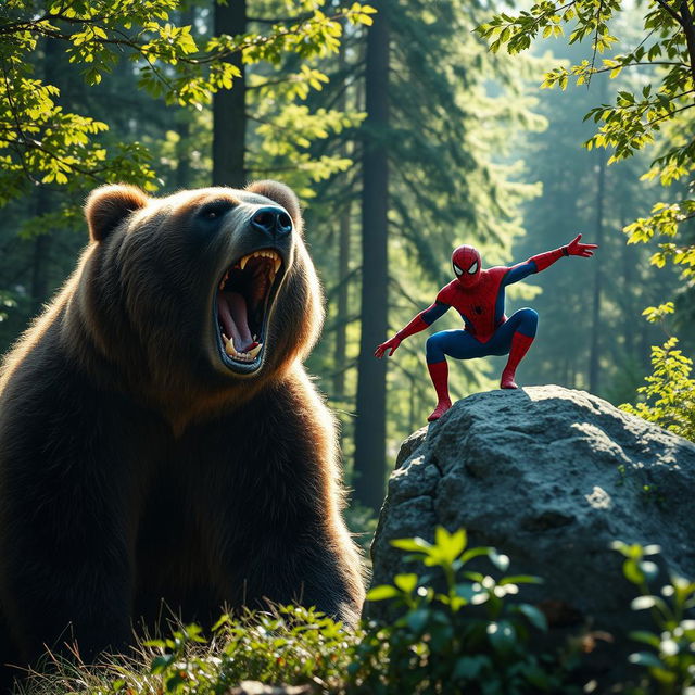 A very close and clear photo capturing a dramatic forest clearing scene where a grizzly bear lets out a powerful roar, showcasing its impressive size and strength