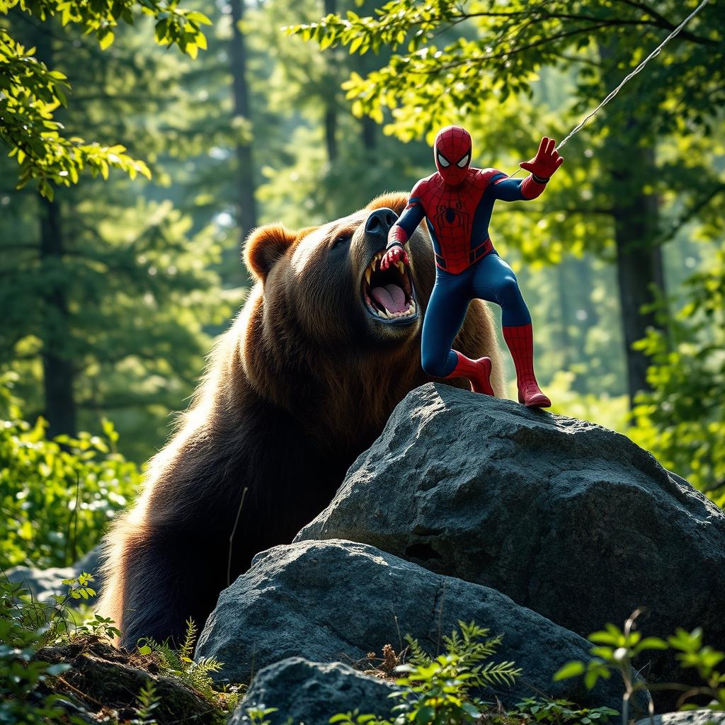 A very close and clear photo capturing a dramatic forest clearing scene where a grizzly bear lets out a powerful roar, showcasing its impressive size and strength