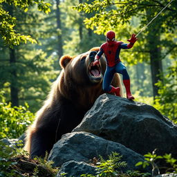 A very close and clear photo capturing a dramatic forest clearing scene where a grizzly bear lets out a powerful roar, showcasing its impressive size and strength