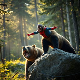 A very close and clear photo capturing an intense moment in a forest clearing where a grizzly bear is roaring, showcasing its majestic and powerful form