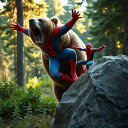 A very close and clear photo capturing an intense moment in a forest clearing where a grizzly bear is roaring, showcasing its majestic and powerful form